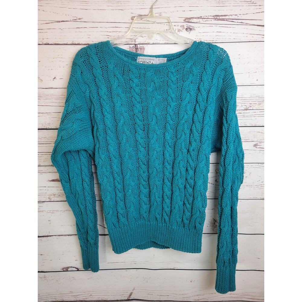 Vtg Forenza Pullover Sweater Teal Chunky Cable Knit Preppy Women's Size‎ Medium